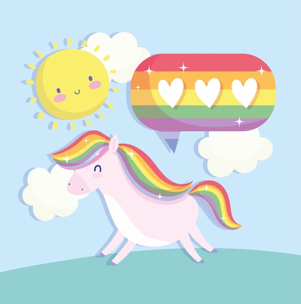 Dibujos animados de sol y burbuja de unicornio lgtbi