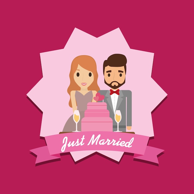 Vector dibujos animados sólo matrimonio con pastel de bodas