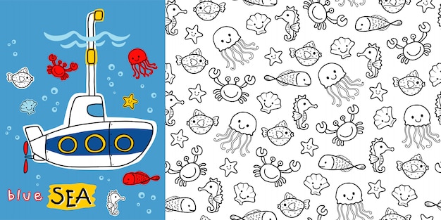 Dibujos animados submarinos con animales marinos en patrones sin fisuras