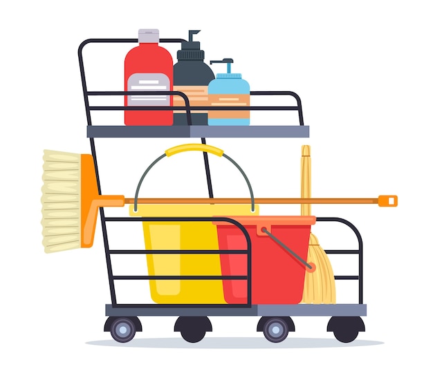Dibujos animados de suministros para el hogar limpio carro de conserje concepto aislado ilustración de diseño gráfico plano
