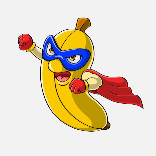 Dibujos animados super héroe banana volando, dibujado a mano