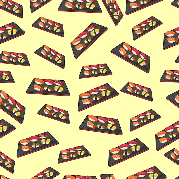 Dibujos animados sushi nigiri conjunto patrón sin fisuras de comida japonesa en colores de fondo