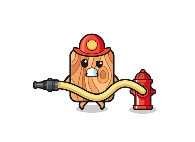 Dibujos animados de tablones de madera como mascota de bombero con manguera de agua