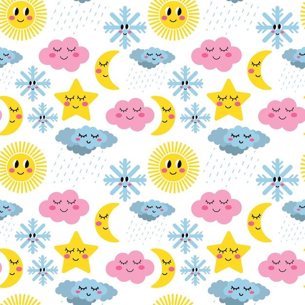 dibujos animados tiempo gracioso patrón sin costuras tiempo emocional nubes lluvia sol luna estrella copos de nieve