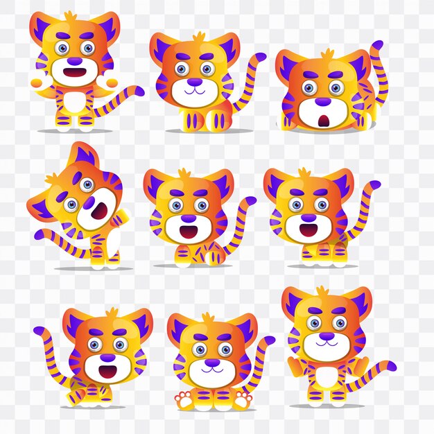 Dibujos animados de tigre con diferentes poses y expresiones.