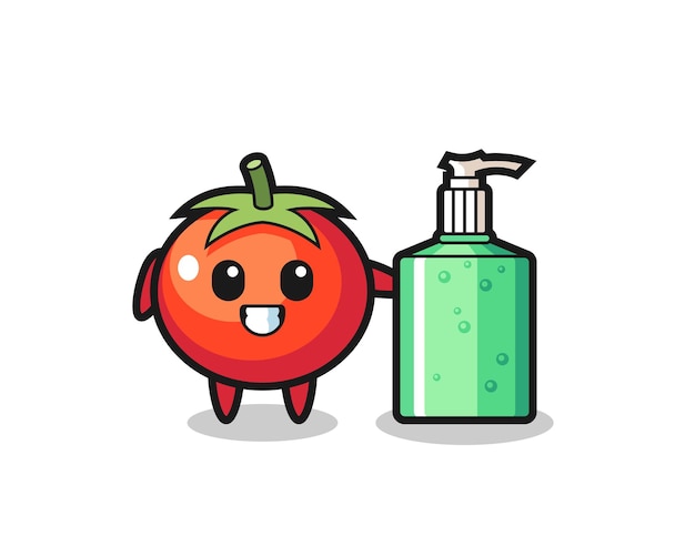 Dibujos animados de tomates lindos con desinfectante de manos, diseño de estilo lindo para camiseta, pegatina, elemento de logotipo