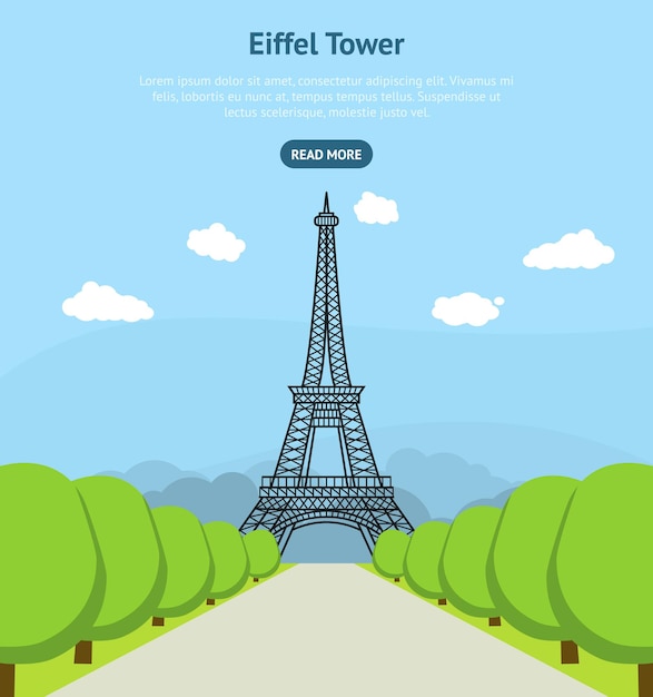 Dibujos animados torre eiffel famoso punto de referencia de parís tarjeta cartel vector