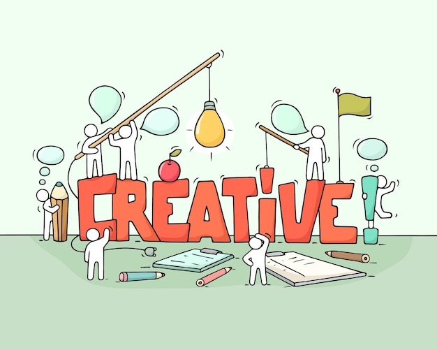 Dibujos animados trabajando personas pequeñas con la palabra Ilustración creativa