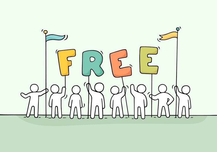 Vector dibujos animados trabajando personas pequeñas con palabra libre. doodle linda escena en miniatura de trabajadores tienen letras. dibujado a mano ilustración de dibujos animados