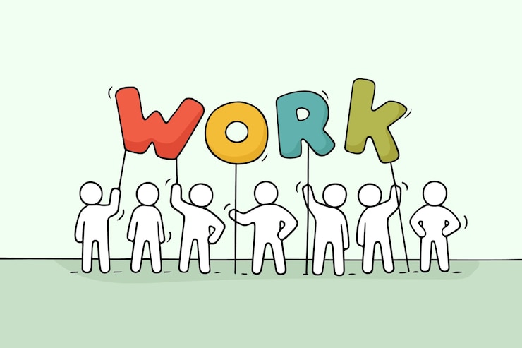 Vector dibujos animados trabajando personas pequeñas con la palabra trabajo. doodle linda escena en miniatura de trabajadores tienen letras. dibujado a mano ilustración de dibujos animados