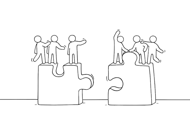 Dibujos animados trabajando personas pequeñas con rompecabezas. Doodle linda escena en miniatura de dos equipos. Ilustración dibujada a mano para diseño social y empresarial.