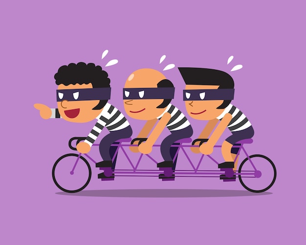 Dibujos animados de tres ladrones andan en bicicleta tándem