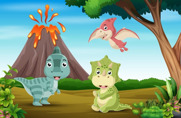 Dibujos animados de tres pequeños dinosaurios jugando con el fondo de un volcán en erupción