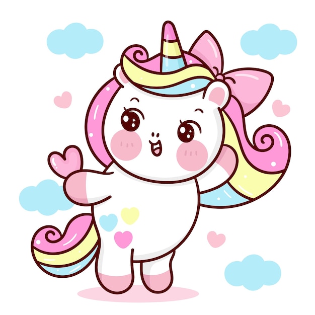 Dibujos animados de unicornio con corazón con animalito de nube kawaii