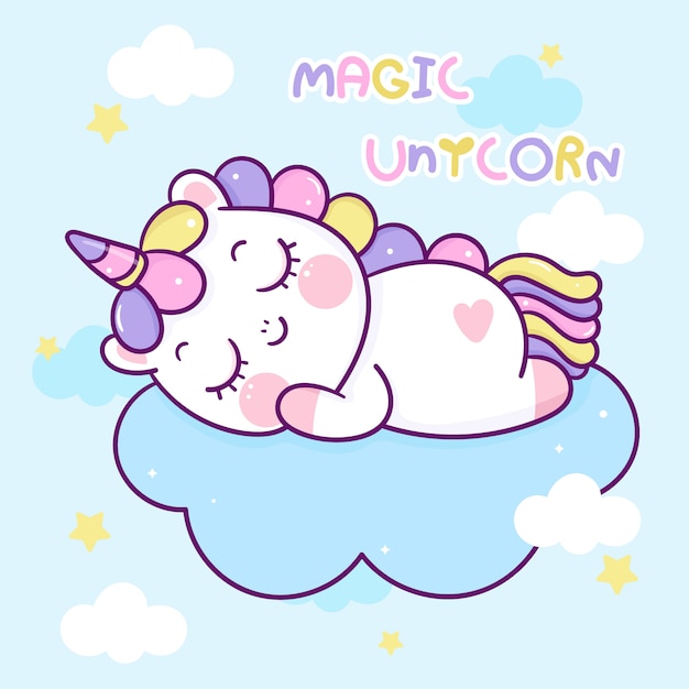 Dibujos animados de unicornio lindo dormir en personaje de nube kawaii