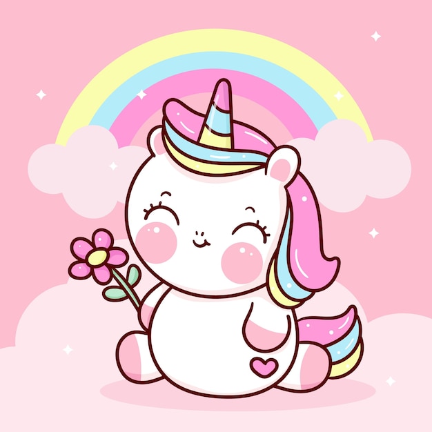 Dibujos animados de unicornio lindo con flor con animal kawaii arco iris