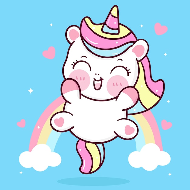 Vector dibujos animados de unicornio lindo saltar en el aire con animal kawaii arcoiris