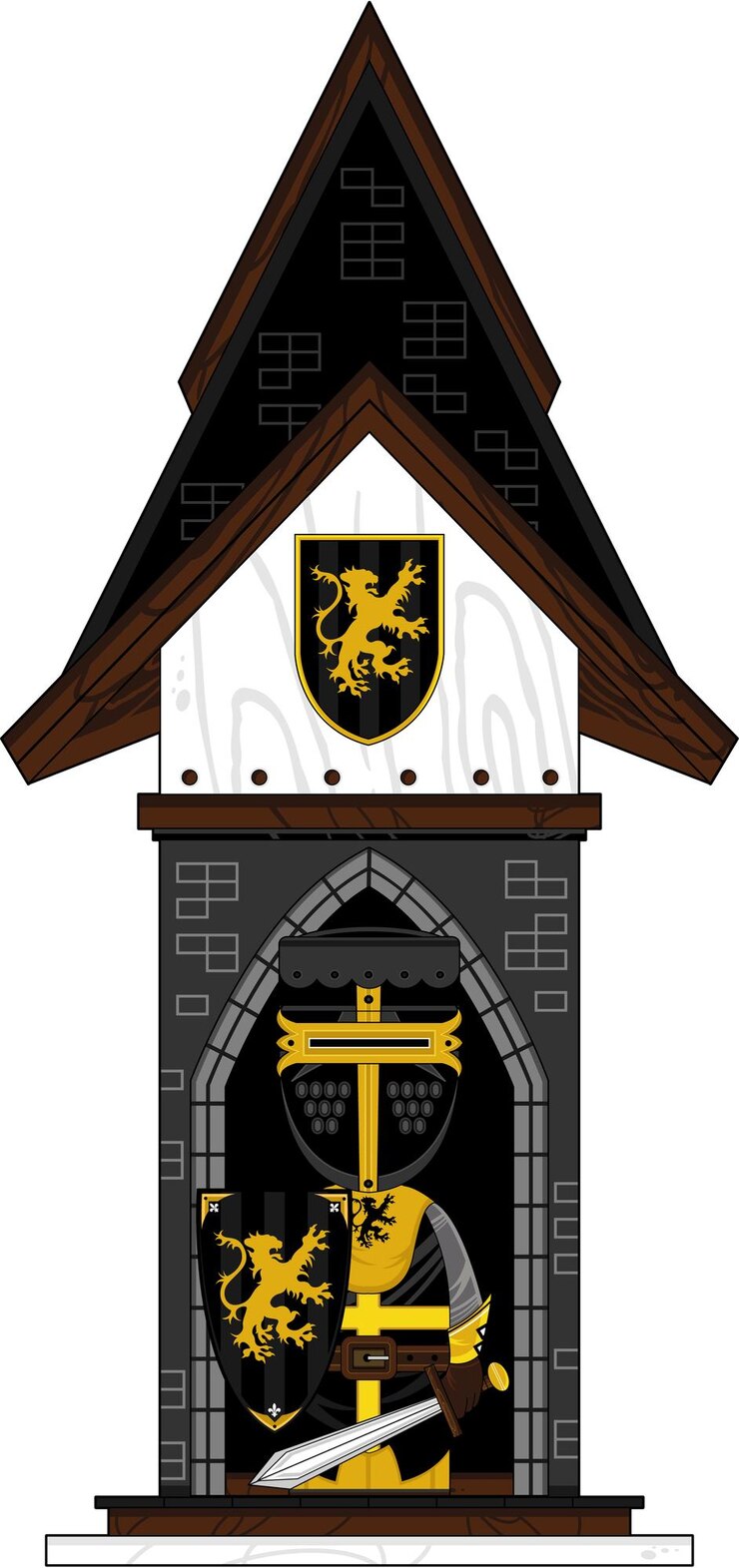Vector dibujos animados valiente caballero negro medieval en la ilustración de la historia de la caseta de vigilancia de la torre