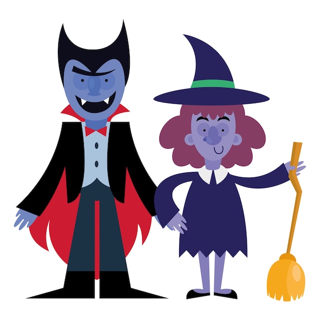 Dibujos animados de vampiros y brujas de Halloween, felices fiestas y miedo