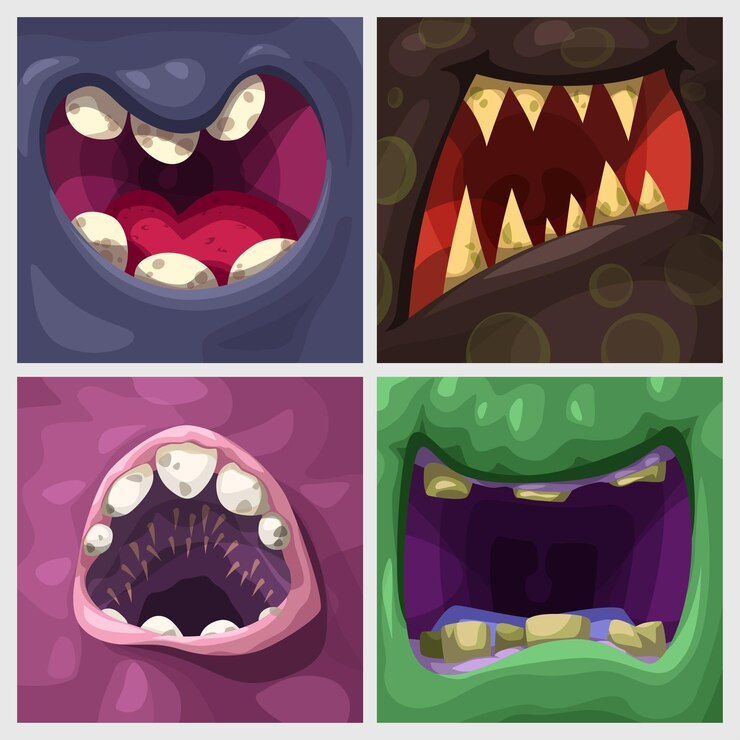 Vector dibujos animados varias bocas de monstruos coloridos en conjunto