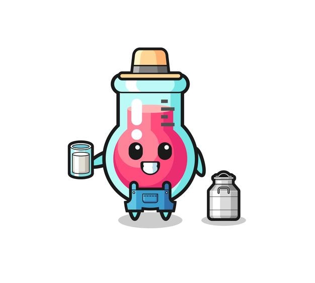 Dibujos animados de vaso de laboratorio como el granjero lechero