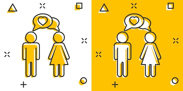 Dibujos animados de vector hombre y mujer con icono de corazón en estilo cómico Personas firman ilustración pictograma Relaciones comerciales concepto de efecto de salpicadura