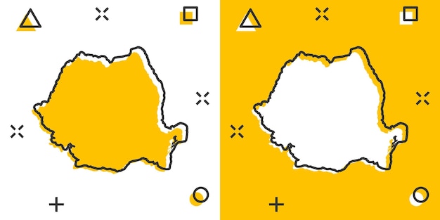 Dibujos animados de vector icono de mapa de rumania en estilo cómico rumania signo ilustración pictograma cartografía mapa negocio efecto de salpicadura concepto