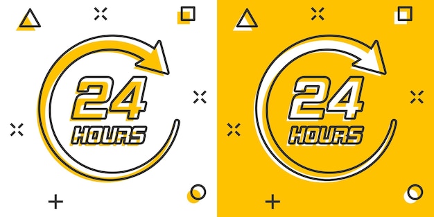 Vector dibujos animados de vector icono de reloj de veinticuatro horas en estilo cómic 247 pictograma de ilustración de concepto de tiempo de servicio las 24 horas del día concepto de efecto de salpicadura de negocio
