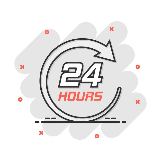 Vector dibujos animados de vector icono de reloj de veinticuatro horas en estilo cómic 247 pictograma de ilustración de concepto de tiempo de servicio las 24 horas del día concepto de efecto de salpicadura de negocio
