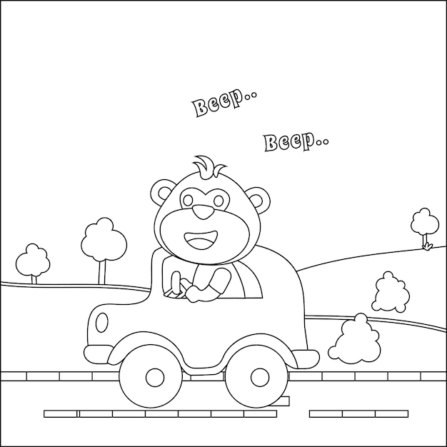 Dibujos animados de vector de oso divertido conduciendo coche en la carretera con paisaje de pueblo Vector aislado de dibujos animados