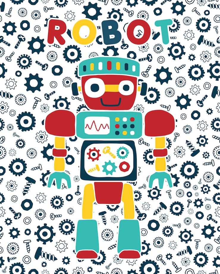 Vector dibujos animados de vector de robot en perno y fondo de tuercas