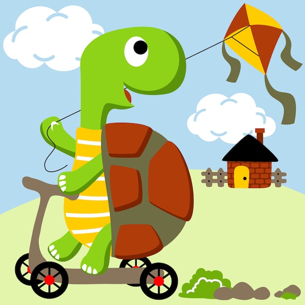 Vector dibujos animados de vector de tortuga jugar cometa en scooter