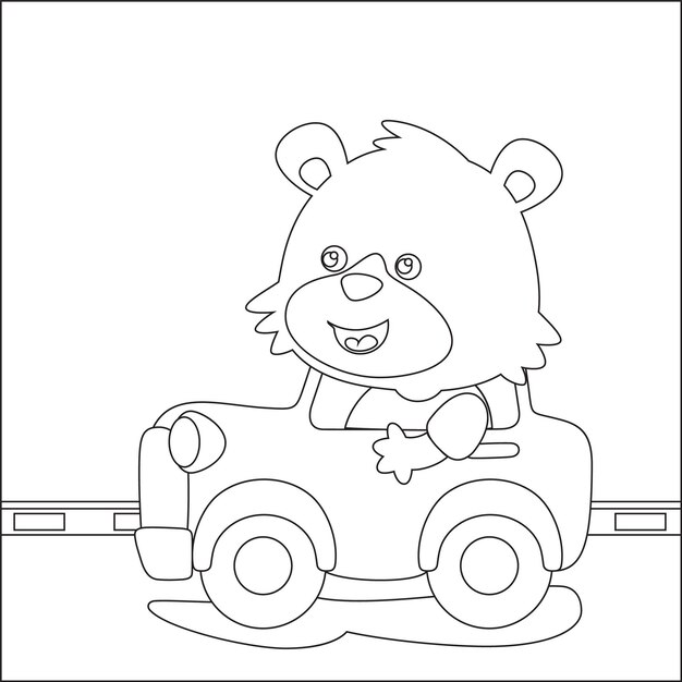 Dibujos animados vectoriales de animales divertidos conduciendo un auto en la jungla Diseño infantil para niños libro para colorear