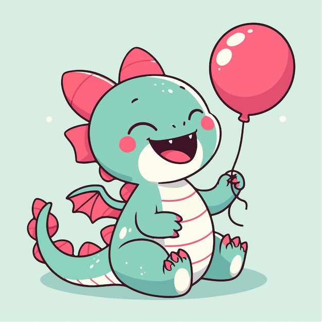 dibujos animados vectoriales bonito bebé feliz dragón que lleva globos