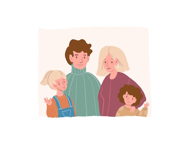 Dibujos animados vectoriales planos felices personajes familiares padres e hijos. Mamá, papá, hija e hijo sonriendo y agitando las manos-emociones positivas, concepto social de relaciones familiares saludables, diseño de anuncios de banner de sitio web