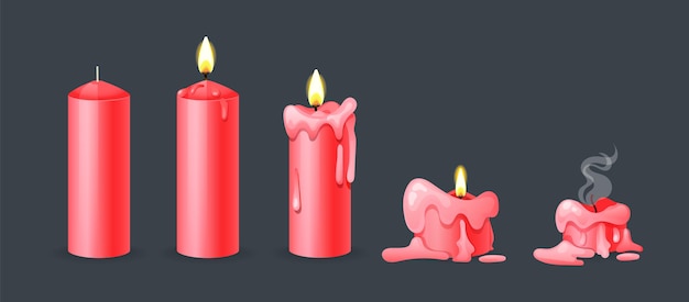 Dibujos animados de velas de cera roja encendidas en las diferentes etapas de la quema