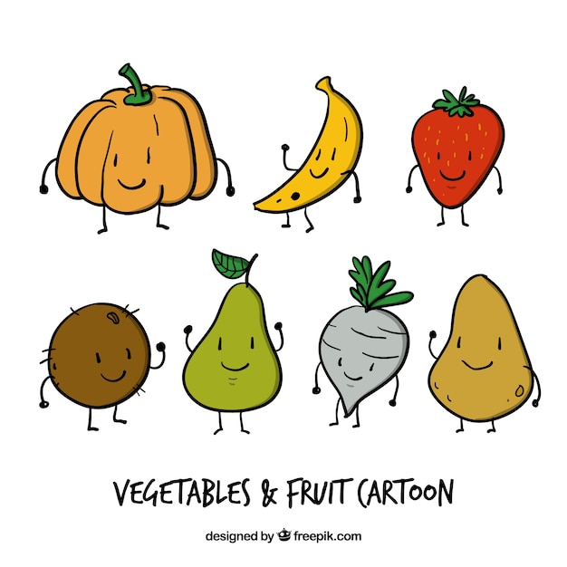 Dibujos animados de verduras y frutas divertidas dibujadas a mano