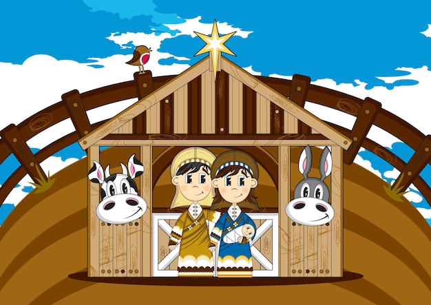 Vector dibujos animados virgen maría y josé con el bebé jesucristo y animales ilustración bíblica