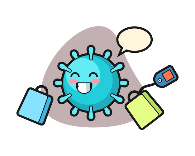 Dibujos animados de virus con una bolsa de compras