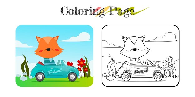Dibujos animados de zorro gracioso en coche azul con libro para colorear de fondo de naturaleza o página para usos múltiples
