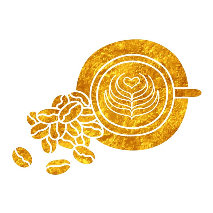 Vector dibujos artísticos de granos de café y latte en estilo de color dorado