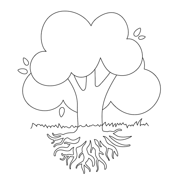 Dibujos en blanco y negro de árboles caducifolios con un gran sistema de raíces de corona.
