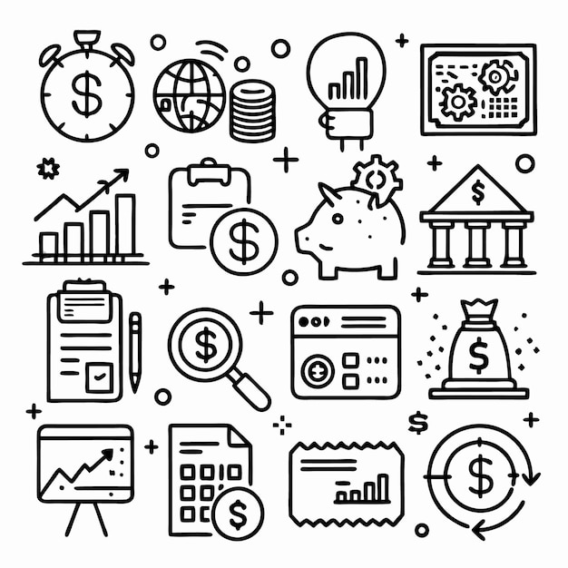 Dibujos en blanco y negro de iconos financieros y empresariales