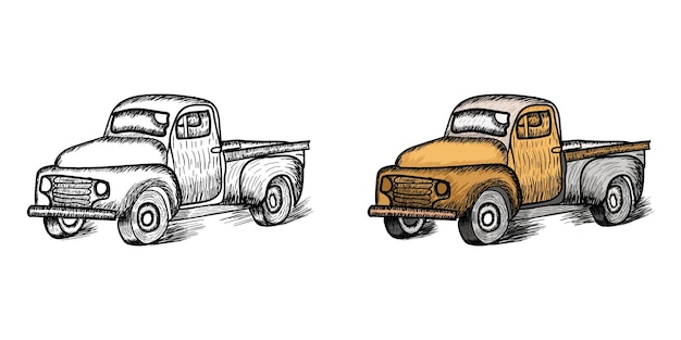 Vector dibujos de bocetos de camiones e ilustración con estilo vintage