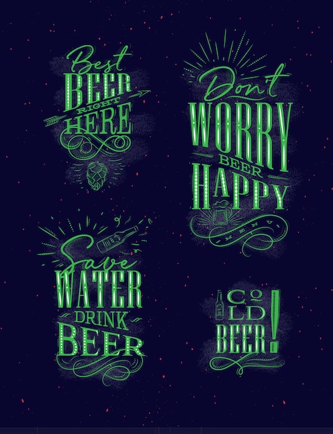 Vector dibujos de cerveza vintage con letras en un fondo oscuro