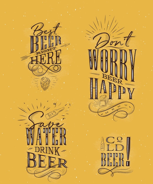 Vector dibujos de cerveza vintage con letras sobre fondo de mostaza