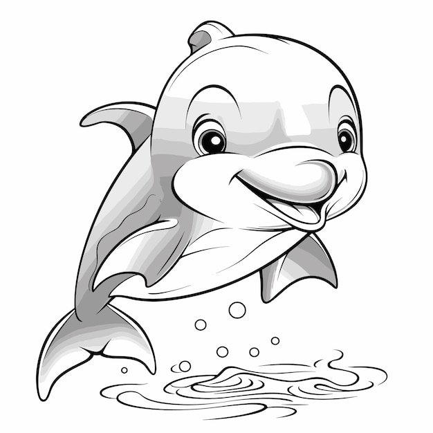 Vector dibujos para colorear de delfines para niños en blanco y negro.