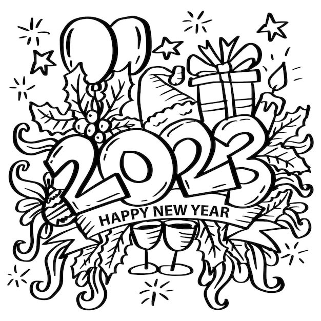 Vector dibujos para colorear ilustraciones de año nuevo. 2023 ilustración de garabatos dibujados a mano