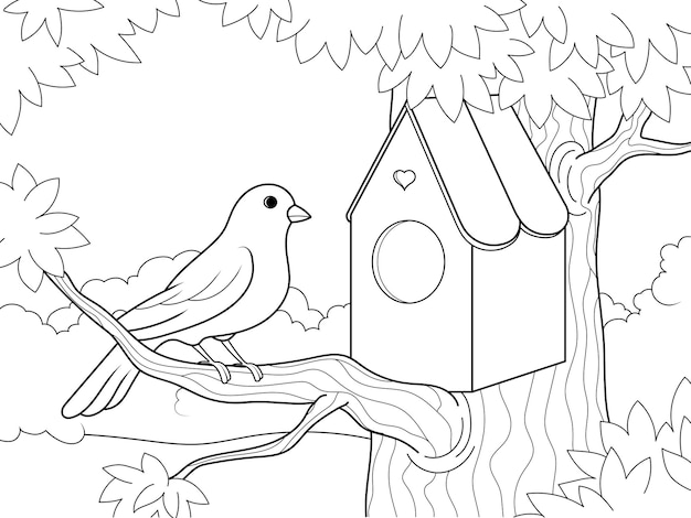Dibujos para colorear con pajarera y pájaro Página vectorial para niños imprimibles libro para colorear