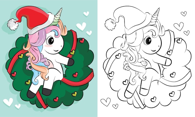 Dibujos para colorear de unicornios navidad. Ilustración de unicornio dibujado a mano de dibujos animados. Diseño de libro para colorear.